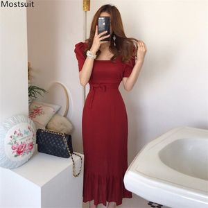 Zomer elegante lange jurk vrouwen Koreaanse vintage jurken korte bladerdeeg mouw vierkante kraag lace up slanke bodycon trompet zeemeermin 210513