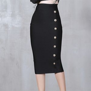 Zomer Elegant Midi Potlood Rok Hoge Taille Bandgae Black Elastic Bandage S Button Dameskleding 220322