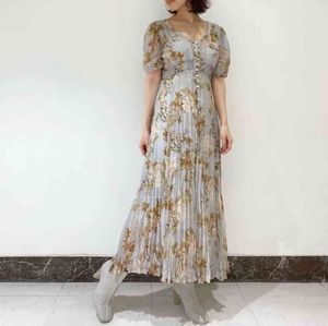 Zomer elegante geplooide bloem print jurken voor vrouwen temperament hoge taille jurk v-hals silm taille vestido feminino 210514