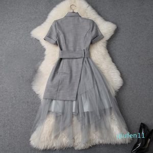 Zomer elegante korte mouw gekotte lapel pure kleur kanten paneelpaneel lange maxi jurk casual