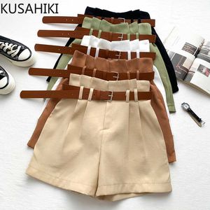 Zomer Elegante Shorts Vrouwen Koreaanse Riem Hoge Taille Korte Mode Solid Wide Leg Bottoms Mujer 6G187 210603