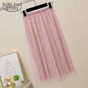 Été élégant doux fée plissée femmes jupe élastique mince abricot gris rose noir long s solide tulle 9585 210508