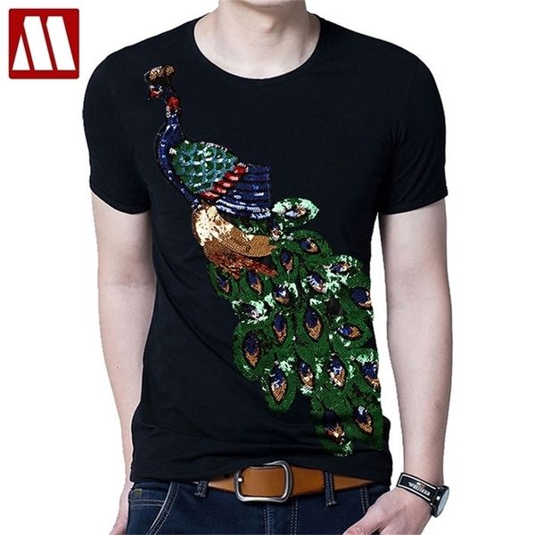 Été élégant T-shirt hommes paon paillettes paillettes t-shirts hommes mode couverture en coton T-shirt mâle Sakura vêtements 210716