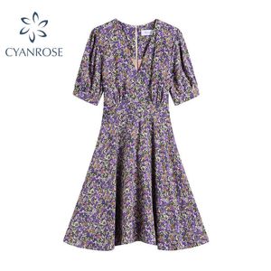 Zomer Elegante Vintage Hoge Taille Casual Damesjurken V-hals Floral Print Patchwork Vakantie Temperament Lady Mini Drees 210417