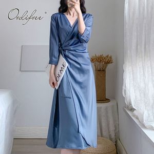 Été élégant femmes Satin soie brillant drapé ceinturé Sexy boîte de nuit robe mi-longue Plue taille 4XL 210415