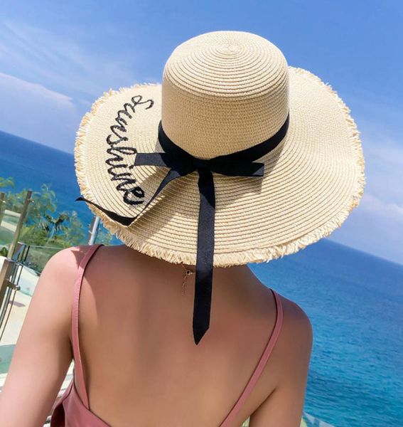 Sombrero de paja bordado de verano Moda mujer ala ancha Protección solar Sombrero de playa Ajustable Floppy Plegable Sombreros para mujer Acce2700215