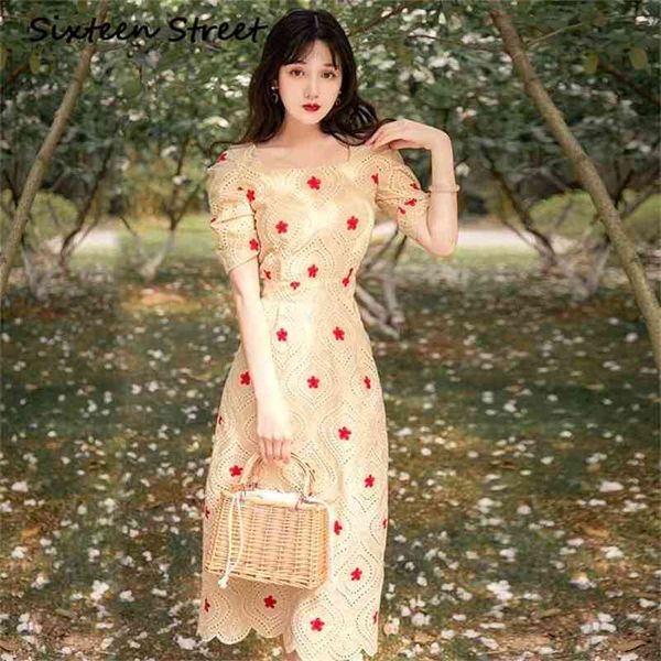 Vestido Maxi de fiesta de noche de verano elegante bordado Floral manga corta cuello cuadrado recto Midi largo mujeres 210603