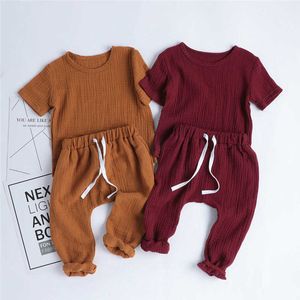 Été automne enfant en bas âge enfants garçons filles costumes à manches courtes bretelles vierges pantalon 2 pièces costumes coton enfants vêtements pour 0-1T