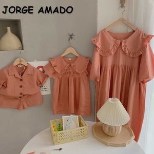 Zomer familie matching sets effen kleur korte mouwen shirts + shorts jurk moeder dochter zoon komt overeen met outfits E1524 210610