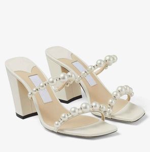 Été célèbre Amara sandales chaussures femmes Mules pantoufles fausses perles ornées sangle en cuir pompes marques de luxe dame talons hauts EU35-43