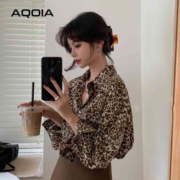 Sommer Fashin Vintage Button Up Frauen Bluse Tunika Hemd Leopard Oversize Langarm Damen Shirts Drehen Unten Kragen Tops 210521