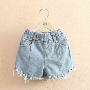 Zomer mode 3-6 8 10 12 jaar peuter kinderen gat parel rand elastische taille kids baby denim jeans shorts voor meisjes 210529
