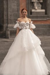 Mode d'été Robe de mariée A-ligne Sexy Bustier Doux Tulle Boho Appliqued Dentelle Robes De Mariée Balayage Train Moderne Sur Mesure Plage Robe De Mari￩e