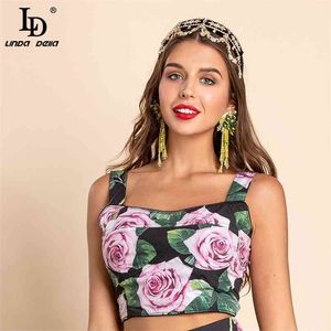 Zomer mode camis corset vrouwen runway sexy spaghetti riem rose bloem print korte bustier 210522