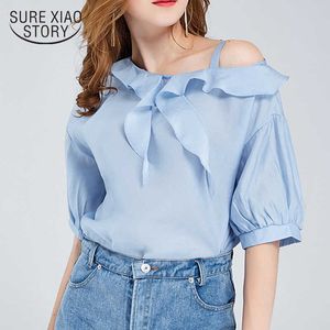Zomer Mode Chiffon Vrouwen Tops Shirt Sexy Off Shoulder Solid White and Blue Women Blouse Shirt Causal Losse Kleding 0684 40 210528