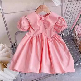 Summer Fashion Children Girls Girls Perles Revers Shortsleeved Robes Robe Princess rose 240407