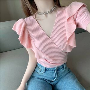 Zomer Mode Kleding Zoete Sexy V-hals Kruis Korte Mouw Roze Tshirts Dames Crop Tops Ruches Witte Tees Elegant Zwart 210429