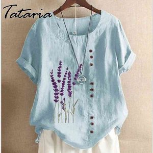 Verano moda algodón Lino impreso camiseta ops para mujer suelta manga corta lavanda Vintage azul camisas op blusa 210514