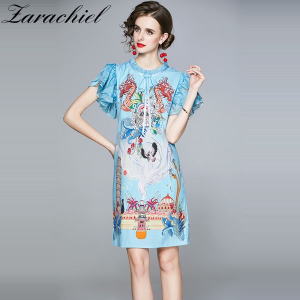 Designer de mode d'été Dragon Print Cartoon Femmes Volants Manches Papillon O-Neck Lace-up Bow Bleu A-Line Mini Dress 210416