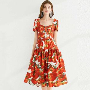 Zomer mode designer jurk vrouwen vierkante nek backless fruit floral print vakantie elegante 210529