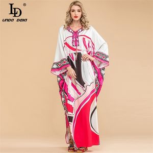 Summer Fashion Designer Lâche Maxi Robe Plus Taille Femmes Batwing Manches Tricot élastique Imprimé Boho Long 210522