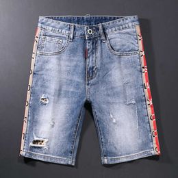 Été créateur de mode hommes jean haute qualité rétro bleu rayure épissé déchiré Denim Shorts Streetwear Hip Hop court R7QI