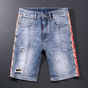 Été créateur de mode hommes jean haute qualité rétro bleu rayure épissé déchiré Denim Shorts Streetwear Hip Hop court R7QI