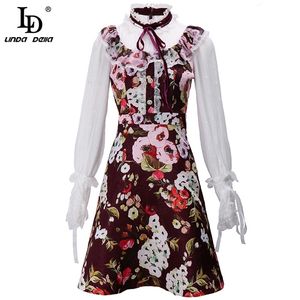 Summer Fashion Designer Mini Robe Femme Élégante Mesh Dentelle Patchwork Floral Print Vintage Jacquard Court 210522