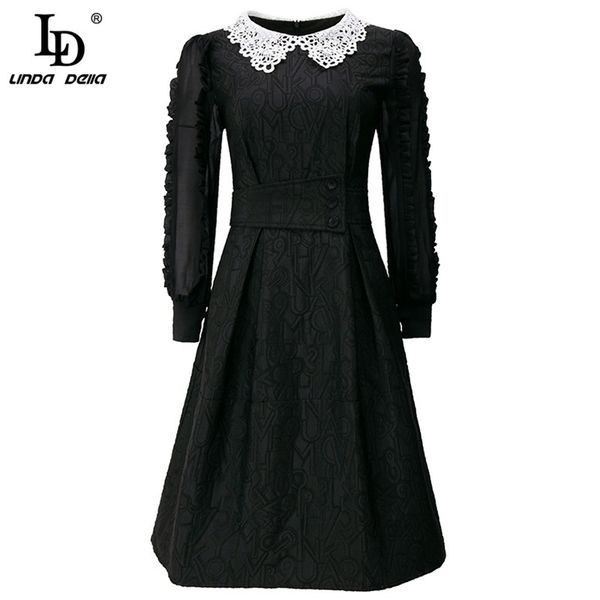 Verano diseñador de moda mini vestido mujeres encaje peter pan collar manga larga negro vintage elegante fiesta 210522
