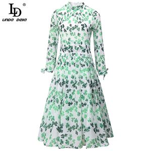 Créateur de mode d'été Vintage robe mi-longue femmes à manches longues élégance imprimé fleuri en mousseline de soie lâche vacances 210522