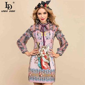 Créateur de mode d'été Vintage Mini robe femmes à manches longues à volants élégant imprimé fleuri robes courtes 210522