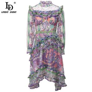 Zomer mode ontwerper vrouwen multicolor floral print kant patchwork asymmetrische dame vintage midi jurk 210522