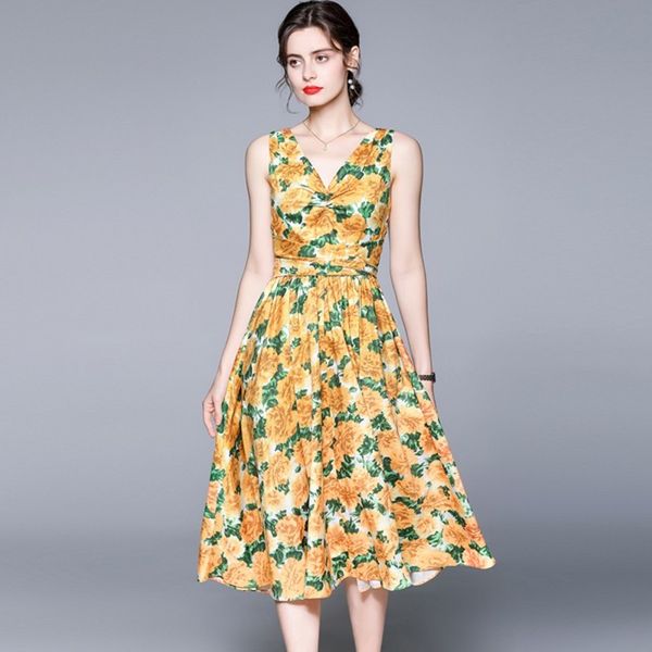 Créatrice de mode d'été Femmes sans manches au citron fleurs jaunes imprimement mince midi décontracté une ligne robes 210514