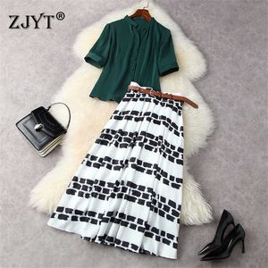 Zomer modeontwerpers Runway Dames Set Elegant Office Lady 2 Stuk Outfits Party Green Shirt en Print Midi Skirt Suit 210601