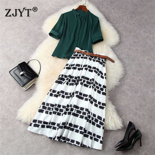 Summer Fashion Designers Runway Women's Set Elegant Office Lady 2 Piece Outfits Party Green Shirt et Print Midi Jupe Suit 210601