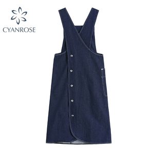 Mode d'été robe Streetwear bouton-up Denim jarretelle pour les femmes sans manches poches latérales Spaghetti sangle Jean dame 210515