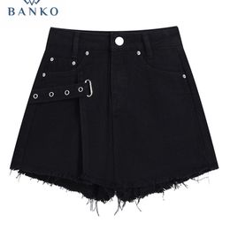 Mode d'été E-girl jambe large a-ligne jean short grande taille noir Denim femmes taille haute Chic Streetwear gothique Y2K 220419