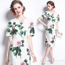 Zomermode Elegante vrouwen Rose Print Dress High Taille A Line Short Sleeve Temperament 210531