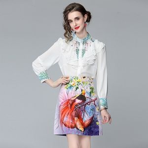 Zomer mode elegante vrouwen twee stukken sets ruche lange mouw shirt + print mini rok set 210531