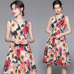 Zomer Mode Elegante Vrouwen V-hals Camellia Floral Multicolor Flower Print Elastische taille Holiday Beach Midi Dress 210531