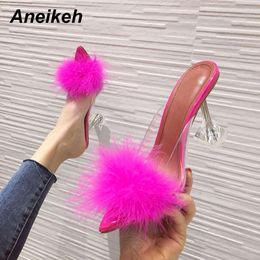Zomer Fashion Feather Peep Toe Mules Sandalen Pumps Vrouw PVC Transparante Perspex Crystal Hoge Heel Lady Slides Shoes