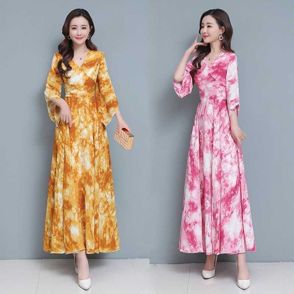 Mode d'été imprimé floral mince robe trapèze élégantes dames Maxi col en v trois quarts manches en mousseline de soie es 210531