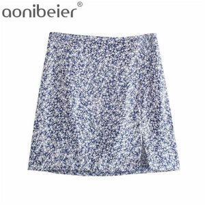 Zomer mode floral print split front vrouw mini potlood rok hoge taille side zip dames casual pakket hip rokken 210604