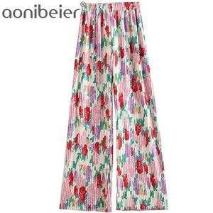 Zomer mode bloemen afdrukken losse geplooide broek elastische hoge taille casual vrouwen wijd been vrouwelijke lange broek 210604