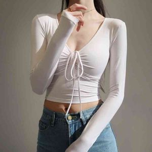 Verano moda chica mujer mujer cuello en V fruncido frente manga larga tops blanco lazo cordón Sexy ajustado camiseta IP6V 210603