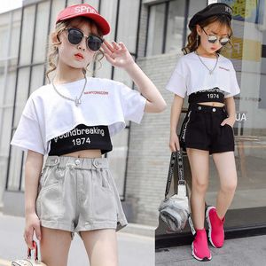 Zomer Mode Meisjes Kleding Drie-Piece Sets Sweatshirt Korte T-shirt Skinny Vest Shorts Letters Gedrukt 3-13 Jaren Meisjes Past X0902