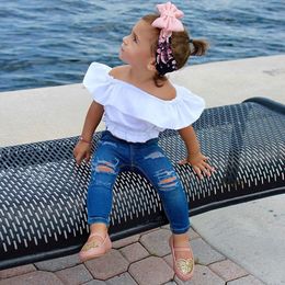 Conjuntos de ropa para niñas de moda de verano Ropa para niñas bebés Algodón Blanco Niñas Crop Top Camisa Blusa + Jeans Traje de dos piezas para niñas Ropa para niños