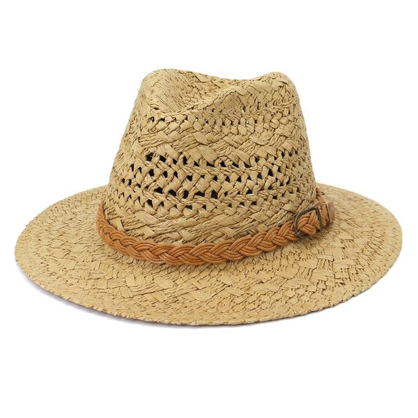 Sombrero de Jazz de paja de papel tejido a mano para hombre y mujer, sombrero de protección solar de ala ancha, gorra de playa para exteriores, blanco y negro, venta al por mayor