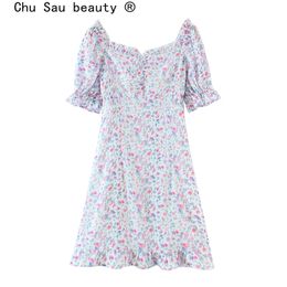 Sommer Mode Urlaub Stil V-ausschnitt Rüschen Ciffon Mini Kleid Frauen Französisch Chic Blumendruck Kleider Weibliche Vestido De Moda 210508