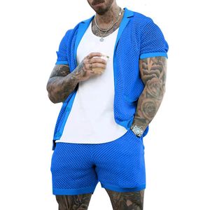 Summer Fashion Hollow Out Mesh Two Piece Set Men Casual Color Couleur Pure Shirt Shirt and Short Mens Cost Sexy Beach Tenues de plage 240409